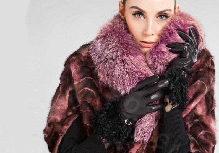 Allfond women winter warm waterproof cold-proof wool genuine goatskin leather gloves M - Black