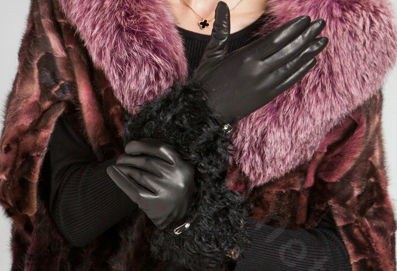 Allfond women winter warm waterproof cold-proof wool genuine goatskin leather gloves M - Black