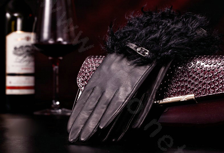 Allfond women winter warm waterproof cold-proof wool genuine goatskin leather gloves M - Black