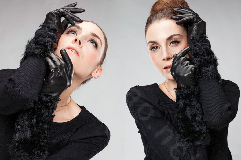 Allfond women winter warm waterproof cold-proof wool long genuine goatskin leather gloves L - Black