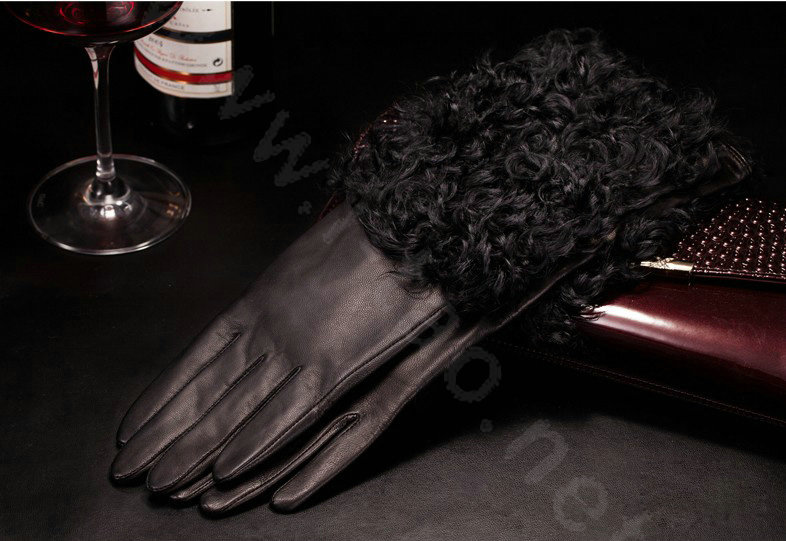 Allfond women winter warm waterproof cold-proof wool long genuine goatskin leather gloves L - Black