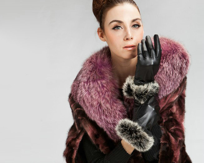 Allfond women winter waterproof cold-proof bow-knot rex rabbit fur genuine goatskin leather gloves M - Black