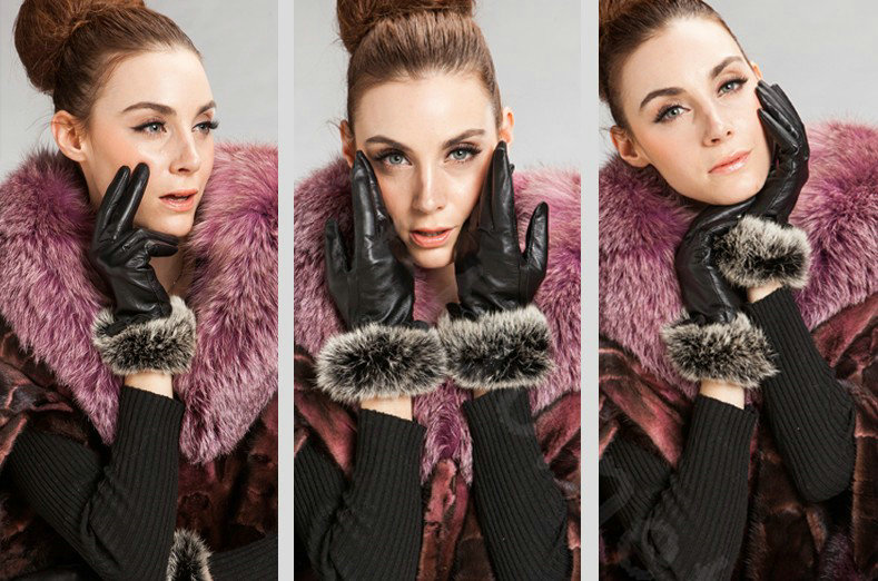 Allfond women winter waterproof cold-proof bow-knot rex rabbit fur genuine goatskin leather gloves M - Black
