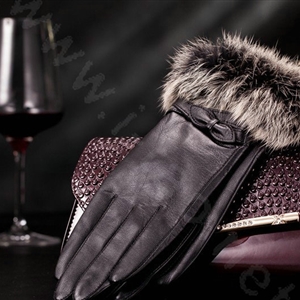 Allfond women winter waterproof cold-proof bow-knot rex rabbit fur genuine goatskin leather gloves M - Black
