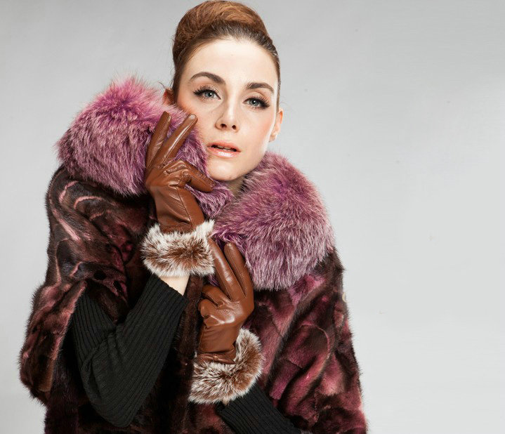 Allfond women winter waterproof cold-proof bow-knot rex rabbit fur genuine goatskin leather gloves M - Brown