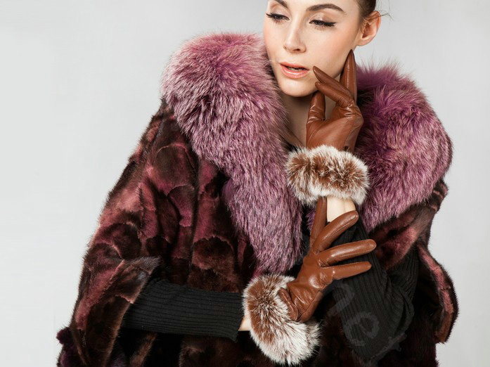 Allfond women winter waterproof cold-proof bow-knot rex rabbit fur genuine goatskin leather gloves M - Brown