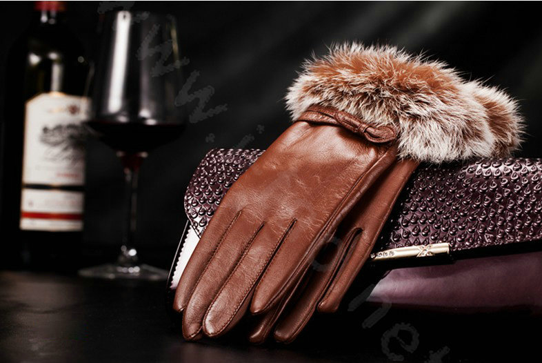 Allfond women winter waterproof cold-proof bow-knot rex rabbit fur genuine goatskin leather gloves M - Brown