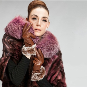 Allfond women winter waterproof cold-proof bow-knot rex rabbit fur genuine goatskin leather gloves L - Brown
