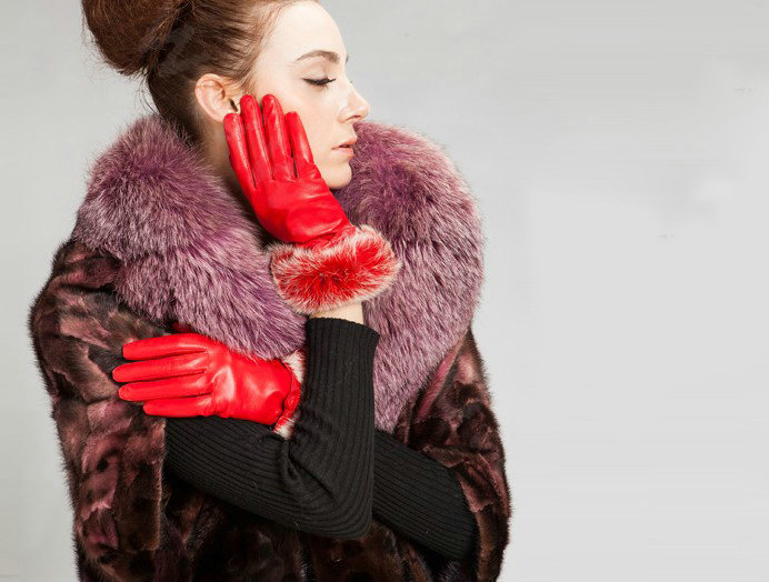 Allfond women winter waterproof cold-proof bow-knot rex rabbit fur genuine goatskin leather gloves L - Red