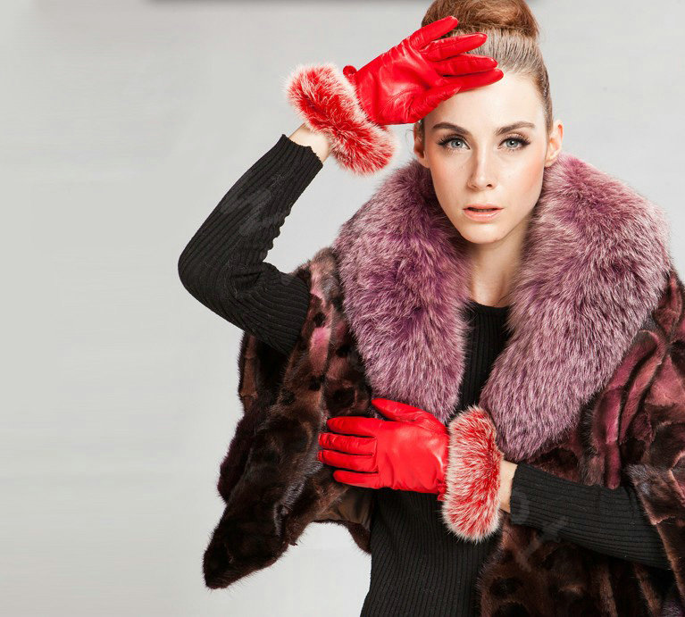 Allfond women winter waterproof cold-proof bow-knot rex rabbit fur genuine goatskin leather gloves L - Red