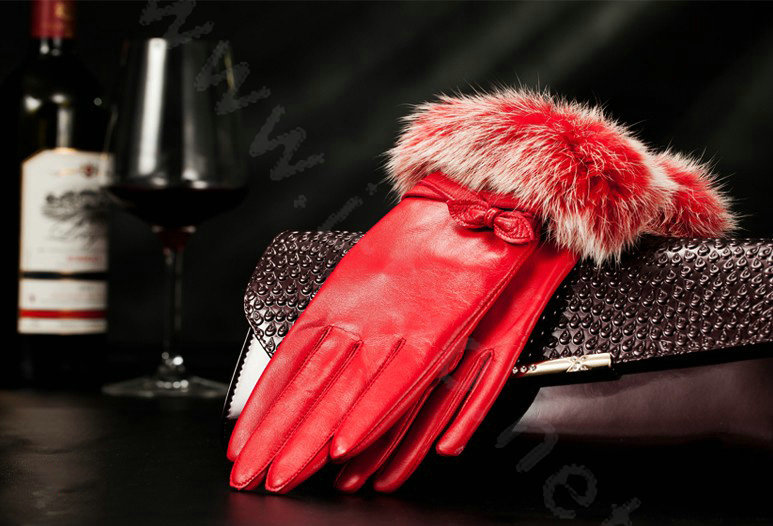 Allfond women winter waterproof cold-proof bow-knot rex rabbit fur genuine goatskin leather gloves L - Red