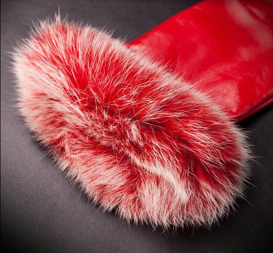 Allfond women winter waterproof cold-proof bow-knot rex rabbit fur genuine goatskin leather gloves L - Red