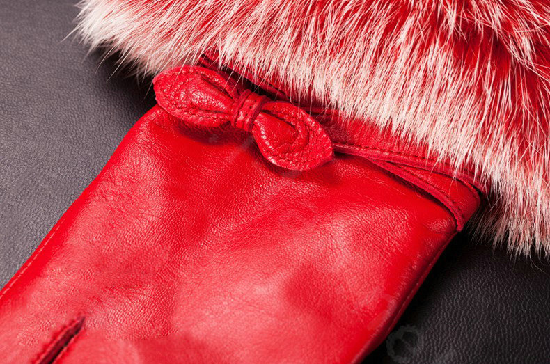Allfond women winter waterproof cold-proof bow-knot rex rabbit fur genuine goatskin leather gloves L - Red