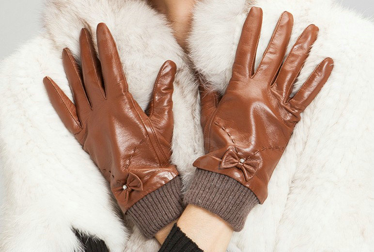 Allfond women winter waterproof cold-proof bow-knot wool genuine goatskin leather gloves L - Coffee