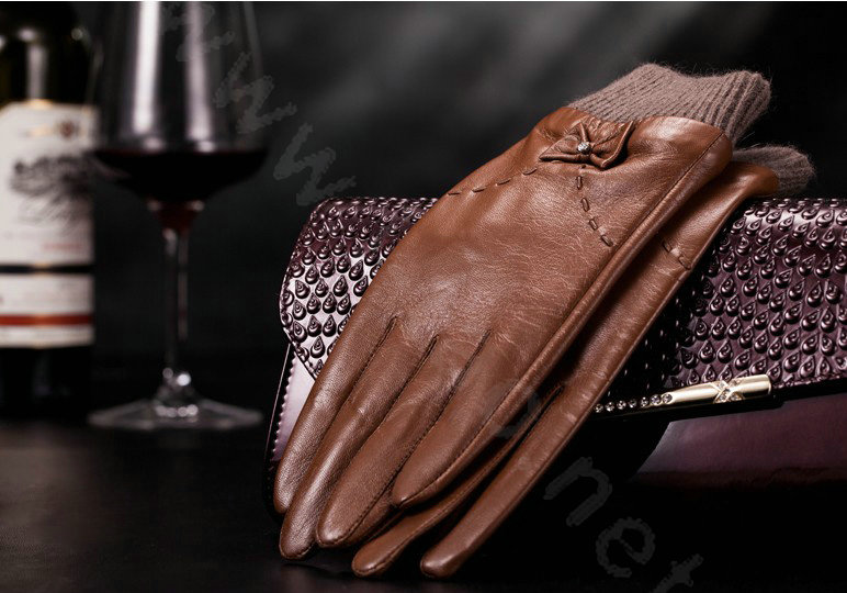 Allfond women winter waterproof cold-proof bow-knot wool genuine goatskin leather gloves L - Coffee