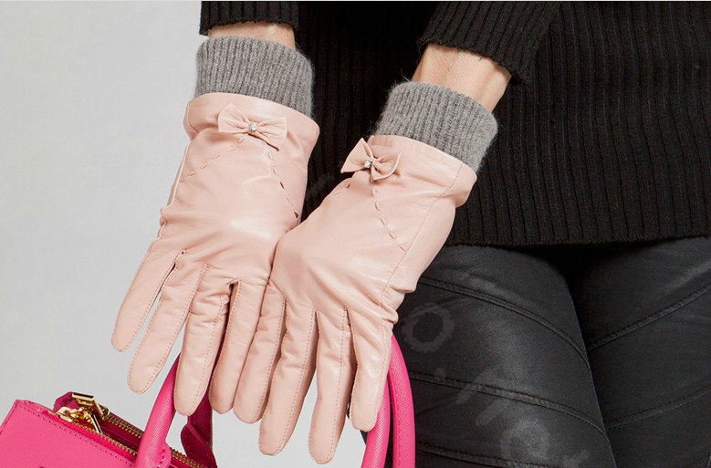 Allfond women winter waterproof cold-proof bow-knot wool genuine goatskin leather gloves L - Pink