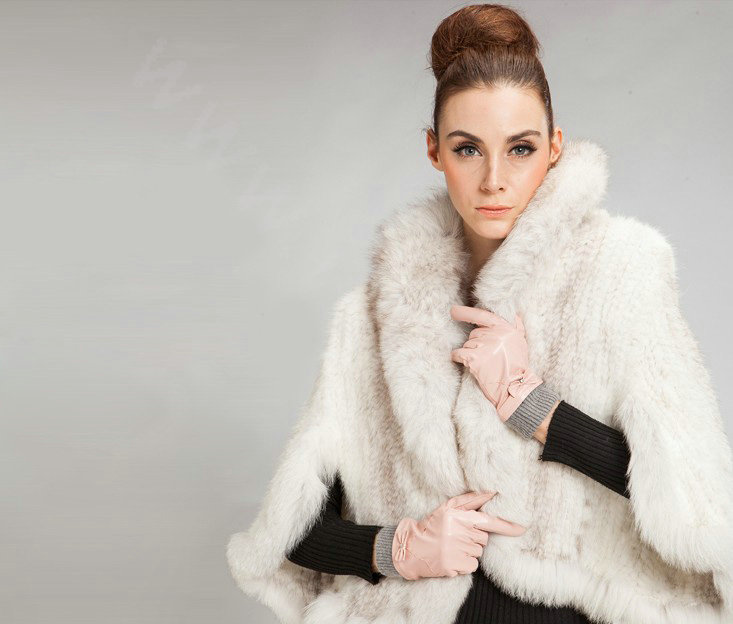 Allfond women winter waterproof cold-proof bow-knot wool genuine goatskin leather gloves L - Pink