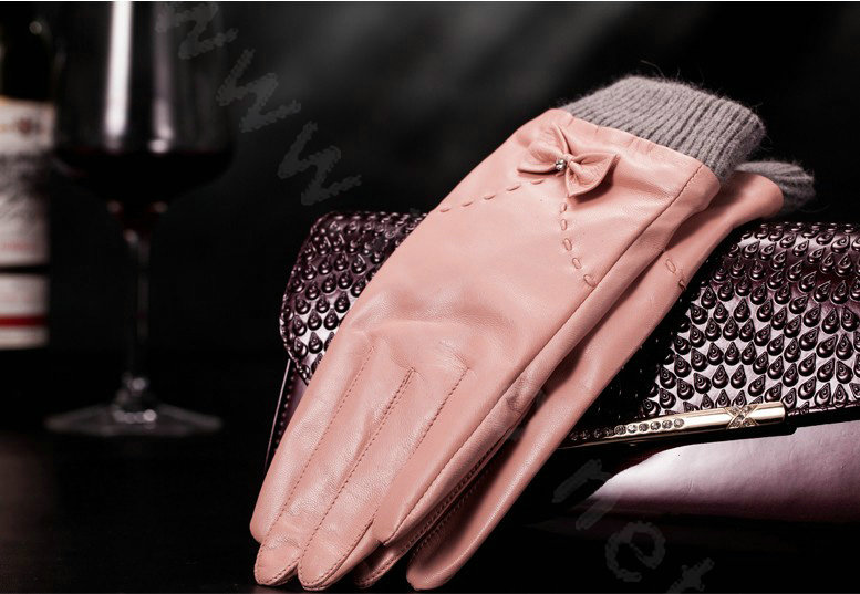 Allfond women winter waterproof cold-proof bow-knot wool genuine goatskin leather gloves L - Pink