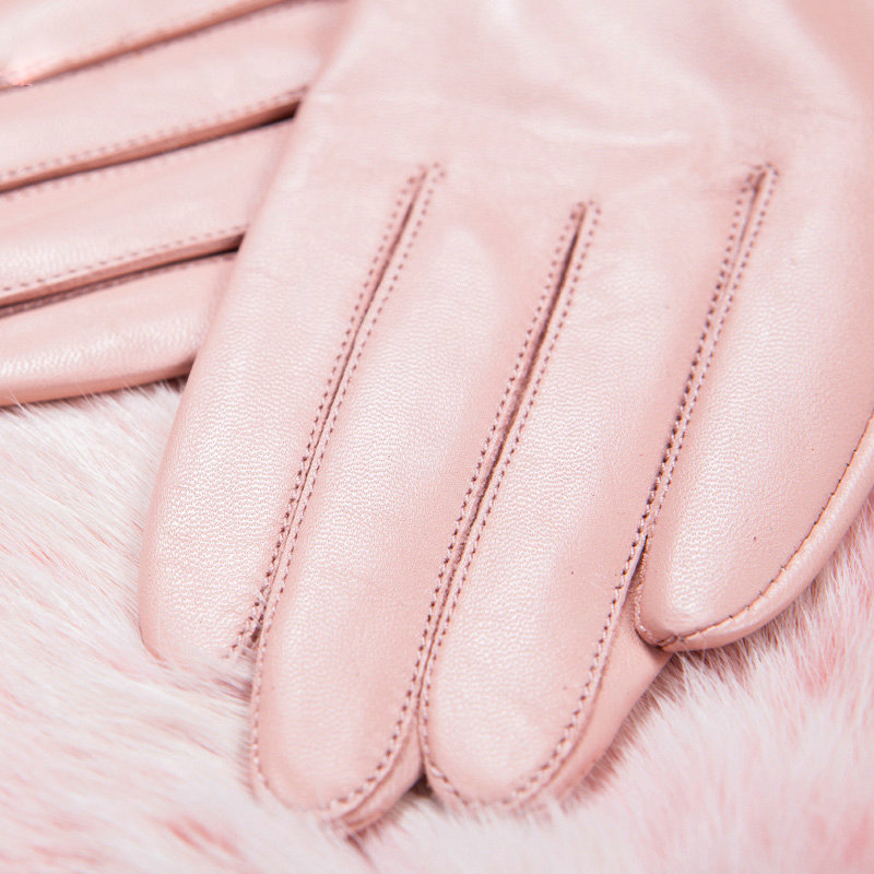 Allfond women winter waterproof cold-proof bow-knot wool genuine goatskin leather gloves L - Pink