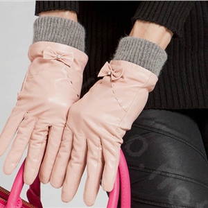 Allfond women winter waterproof cold-proof bow-knot wool genuine goatskin leather gloves L - Pink
