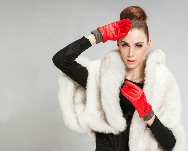 Allfond women winter waterproof cold-proof bow-knot wool genuine goatskin leather gloves L - Red
