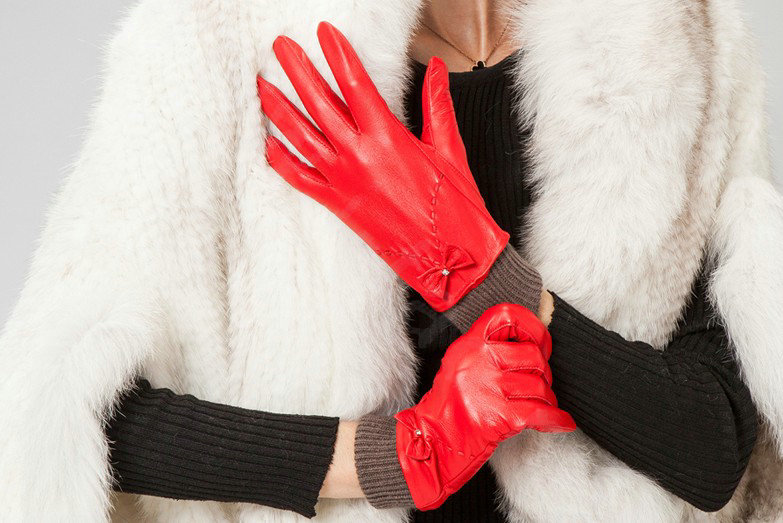 Allfond women winter waterproof cold-proof bow-knot wool genuine goatskin leather gloves L - Red
