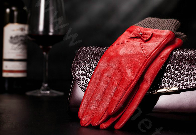 Allfond women winter waterproof cold-proof bow-knot wool genuine goatskin leather gloves L - Red