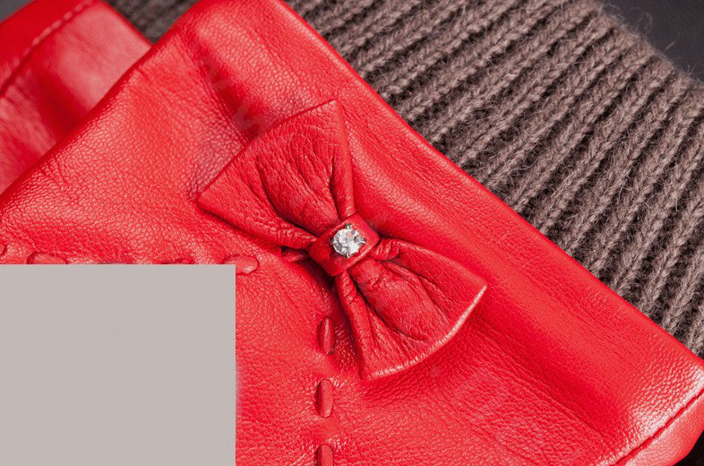 Allfond women winter waterproof cold-proof bow-knot wool genuine goatskin leather gloves L - Red