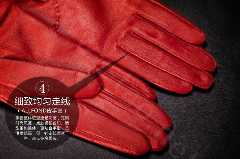 Allfond women winter waterproof cold-proof bow-knot wool genuine goatskin leather gloves L - Red