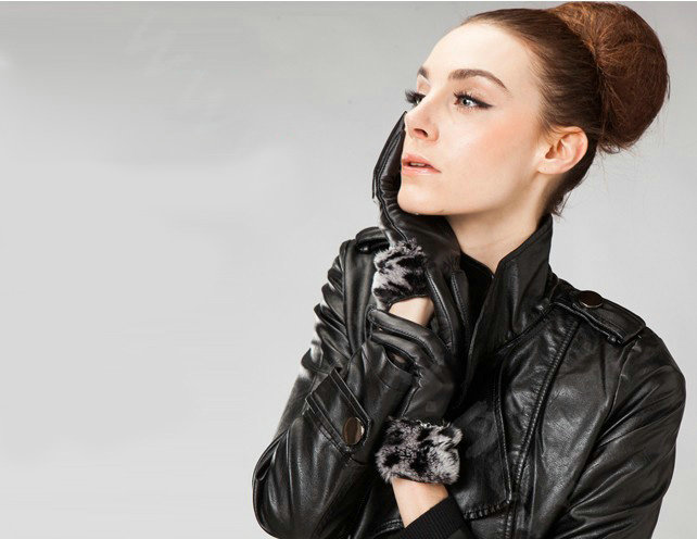 Allfond women winter waterproof cold-proof leopard rex rabbit fur genuine goatskin leather gloves M - Black