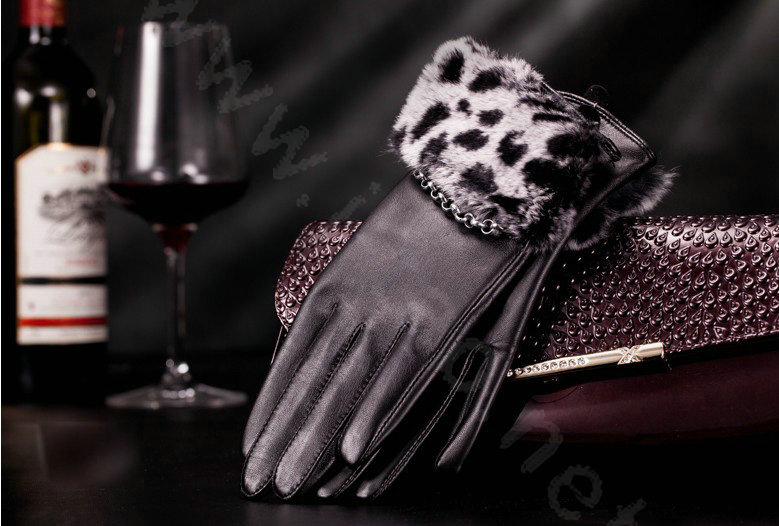 Allfond women winter waterproof cold-proof leopard rex rabbit fur genuine goatskin leather gloves M - Black
