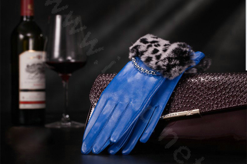 Allfond women winter waterproof cold-proof leopard rex rabbit fur genuine goatskin leather gloves L - Blue