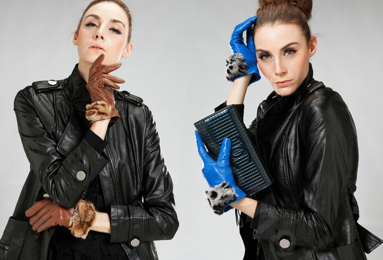 Allfond women winter waterproof cold-proof leopard rex rabbit fur genuine goatskin leather gloves L - Blue