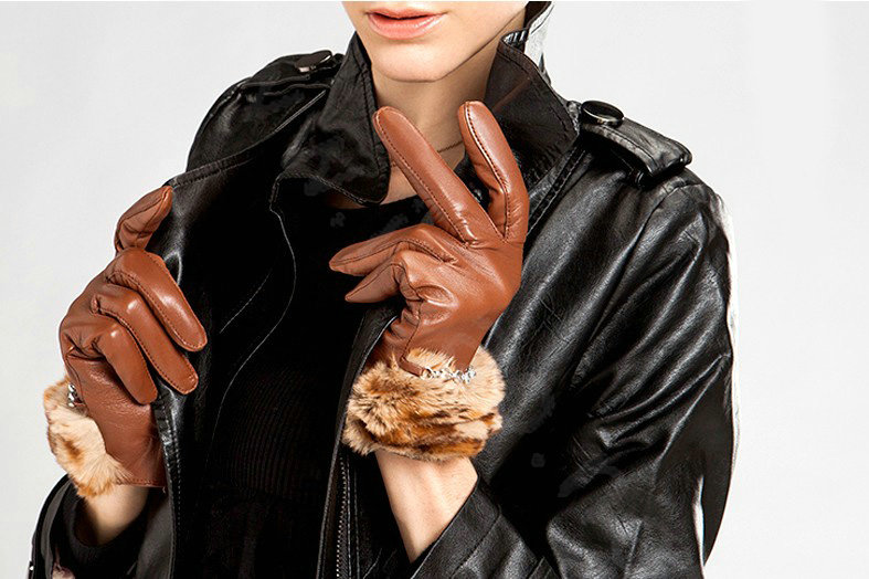 Allfond women winter waterproof cold-proof leopard rex rabbit fur genuine goatskin leather gloves L - Brown
