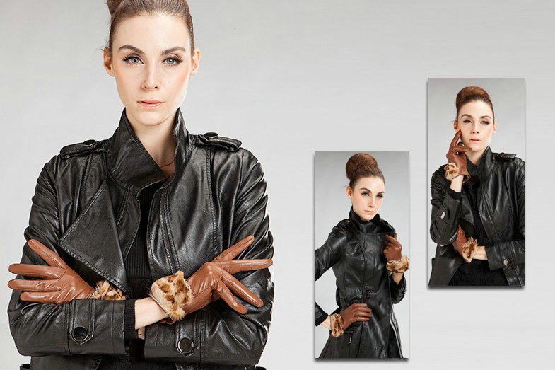 Allfond women winter waterproof cold-proof leopard rex rabbit fur genuine goatskin leather gloves L - Brown