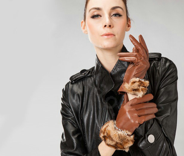 Allfond women winter waterproof cold-proof leopard rex rabbit fur genuine goatskin leather gloves L - Brown