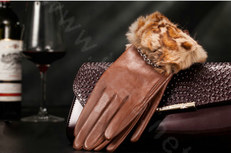 Allfond women winter waterproof cold-proof leopard rex rabbit fur genuine goatskin leather gloves L - Brown