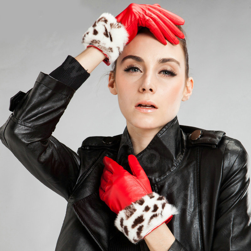 Allfond women winter waterproof cold-proof leopard rex rabbit fur genuine goatskin leather gloves L - Red