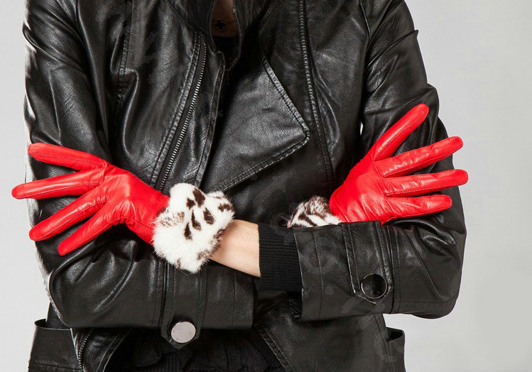 Allfond women winter waterproof cold-proof leopard rex rabbit fur genuine goatskin leather gloves L - Red