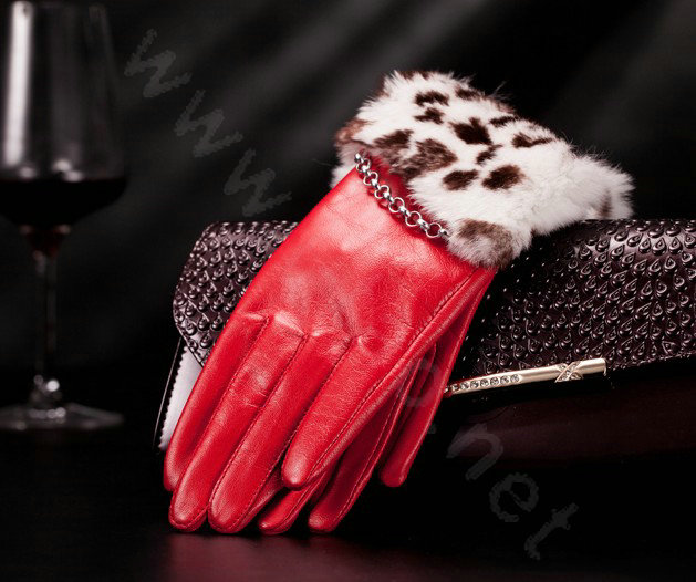 Allfond women winter waterproof cold-proof leopard rex rabbit fur genuine goatskin leather gloves L - Red