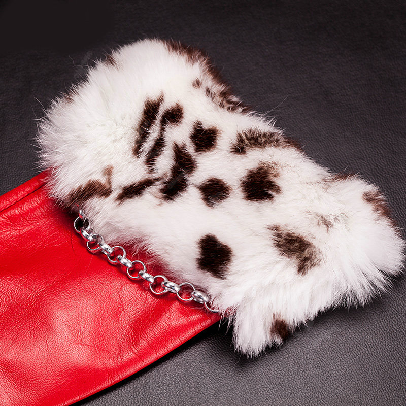 Allfond women winter waterproof cold-proof leopard rex rabbit fur genuine goatskin leather gloves L - Red