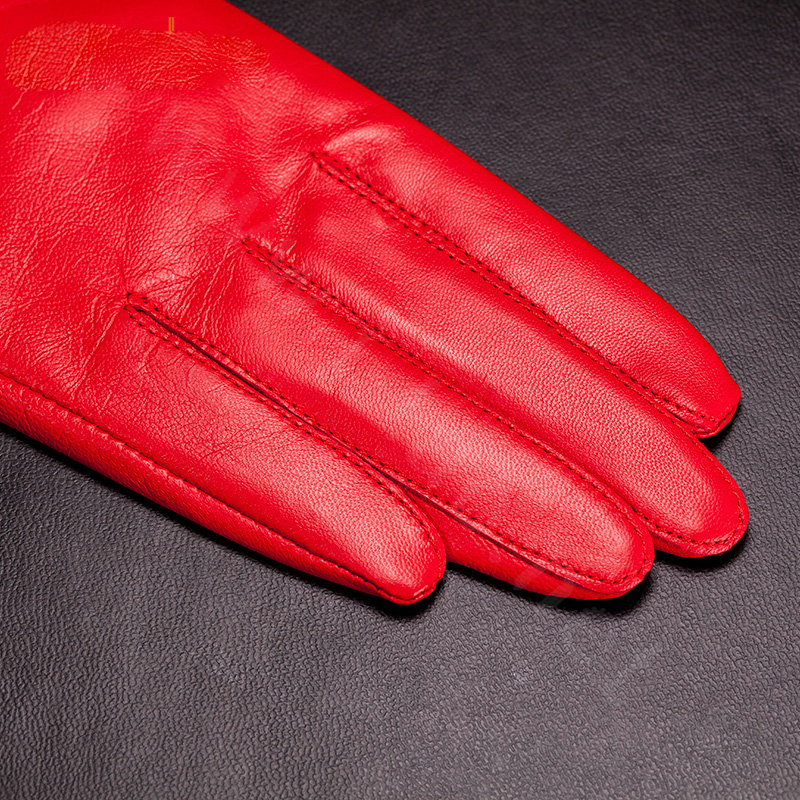 Allfond women winter waterproof cold-proof leopard rex rabbit fur genuine goatskin leather gloves L - Red