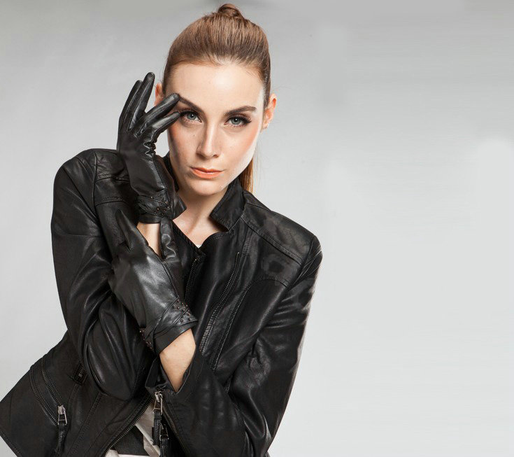 Allfond women winter waterproof cold-proof warm bead genuine goatskin leather gloves L - Black