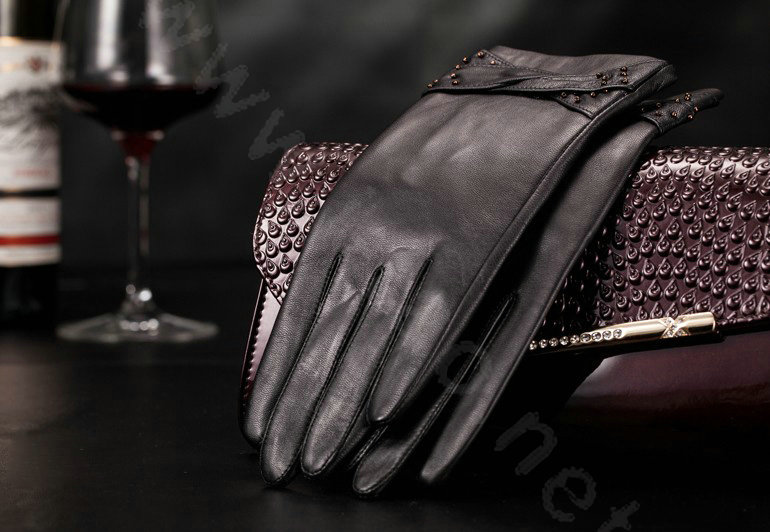 Allfond women winter waterproof cold-proof warm bead genuine goatskin leather gloves L - Black