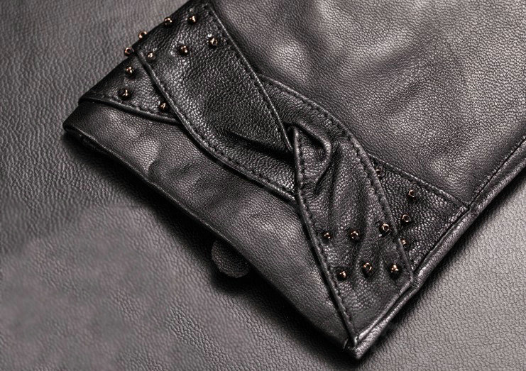 Allfond women winter waterproof cold-proof warm bead genuine goatskin leather gloves L - Black