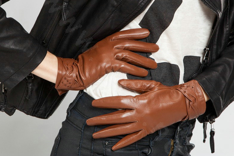 Allfond women winter waterproof cold-proof warm bead genuine goatskin leather gloves L - Brown