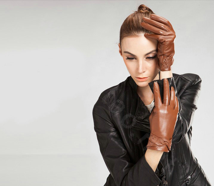 Allfond women winter waterproof cold-proof warm bead genuine goatskin leather gloves L - Brown