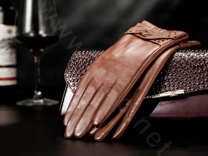 Allfond women winter waterproof cold-proof warm bead genuine goatskin leather gloves L - Brown