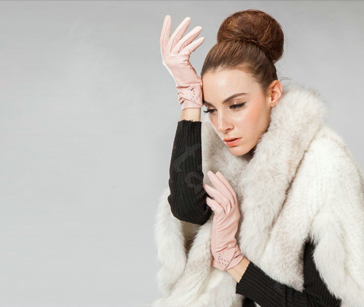 Allfond women winter waterproof cold-proof warm bead genuine goatskin leather gloves L - Pink