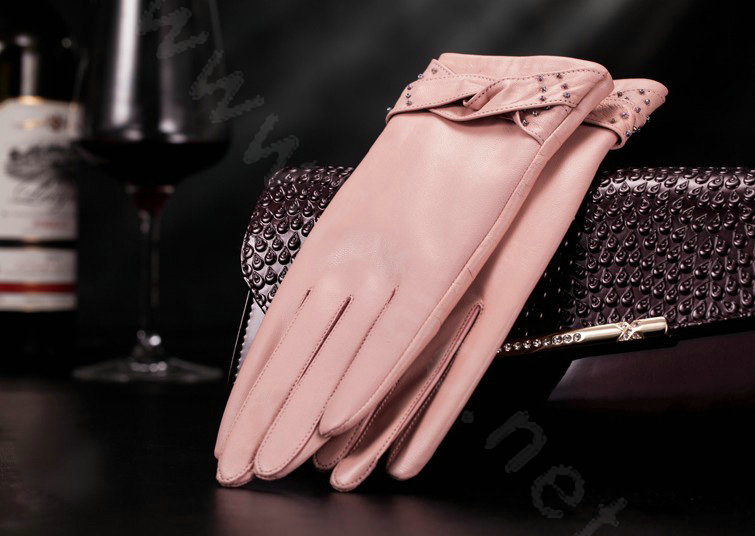 Allfond women winter waterproof cold-proof warm bead genuine goatskin leather gloves L - Pink
